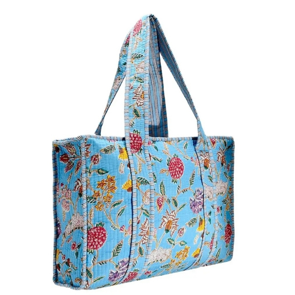 Blue Floral Quilted Tote Bag - Women's Shoulder Bag